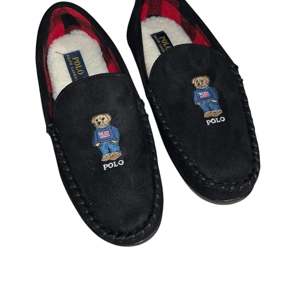 POLO RALPH LAUREN Bear Black Suede Moccasin Slipper Sherpa lined new nwot men 8 - Picture 6 of 7
